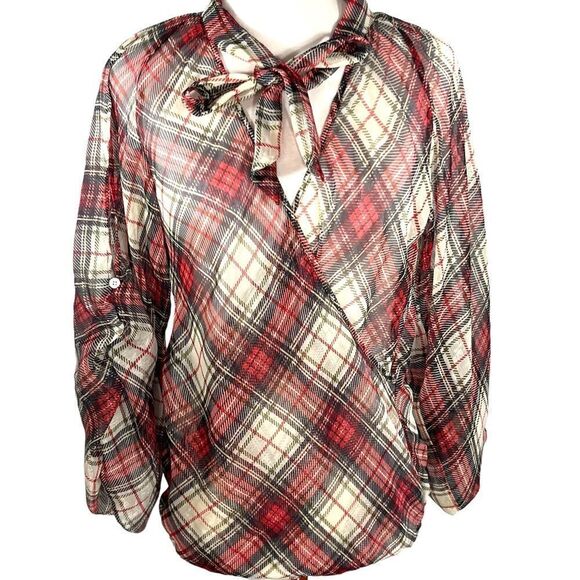 Tristan Sheer Red Black Green Gold and Grey Plaid Wrap FrontTie Blouse Size XS - Picture 1 of 13